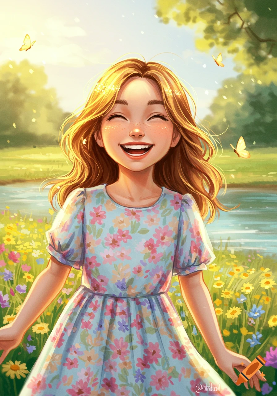 A happy cartoon girl with golden hair and a floral dress laughs in a sunny wildflower field with butterflies.
