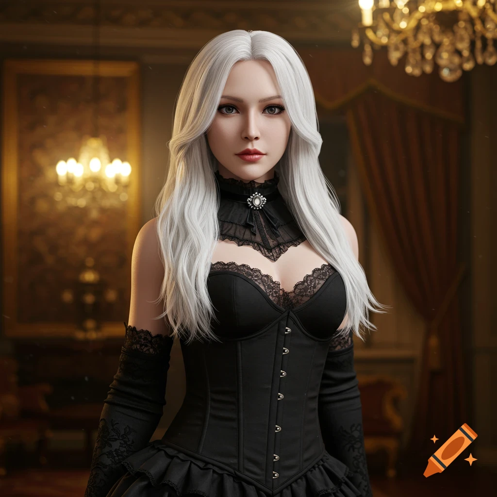 An ultra-realistic portrait of a woman with long white hair, wearing a black gothic-style corset and high collar in an opulent room.