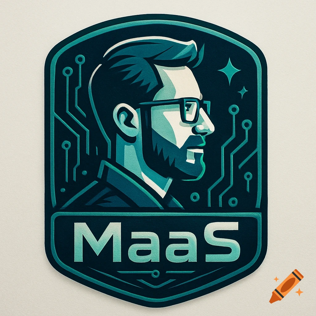 A stylized teal and black logo badge featuring a man's profile with glasses and beard, against a circuit board background, with 'MaaS' text below.