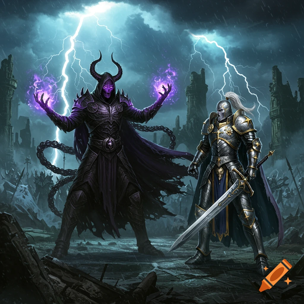 A dark fantasy illustration of a horned sorcerer casting purple magic and an armored paladin with a sword in a stormy ruined land.