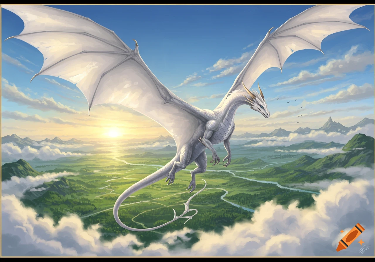 A majestic white dragon with large wings soars above a green valley with a winding river at sunset, surrounded by clouds and mountains.
