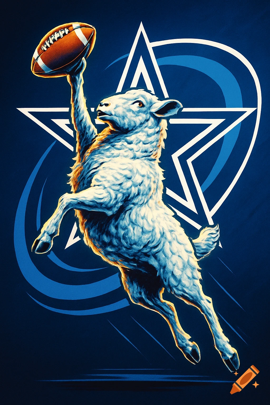 A jumping white sheep holds an American football against a dark blue background with a white star and blue lines, in a digital art style.