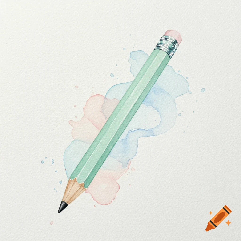 Watercolor illustration of a green pencil with a pink eraser and pastel blue and pink paint splashes on textured paper.