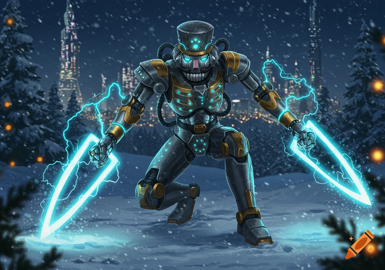 A sci-fi robot nutcracker in a crouch holds glowing plasma blades in a snowy futuristic city at night.