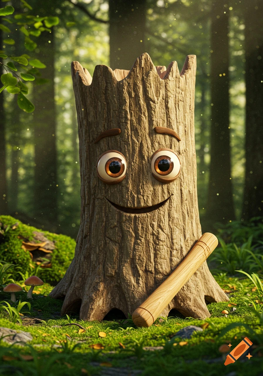 A friendly, cartoonish tree stump with big brown eyes and a huge smile holds a wooden bat in a sunny forest.