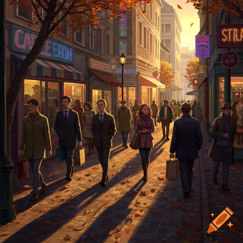 A bustling street scene at sunset, with many people walking on a cobblestone path lined with shops and cafes, under trees with autumn leaves. Long shadows stretch across the path.
