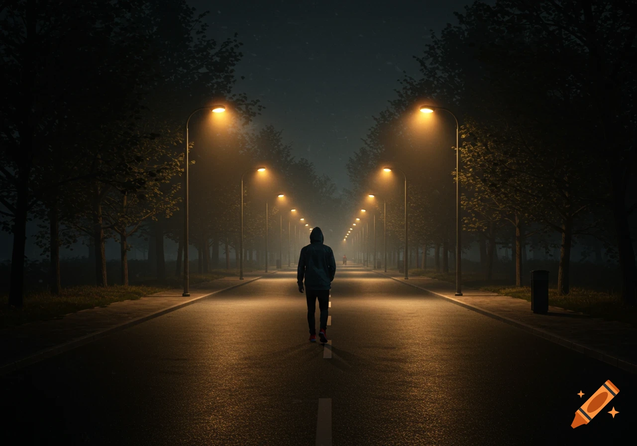 A person in a hoodie walks down a misty, lamp-lit road at night, lined with trees.