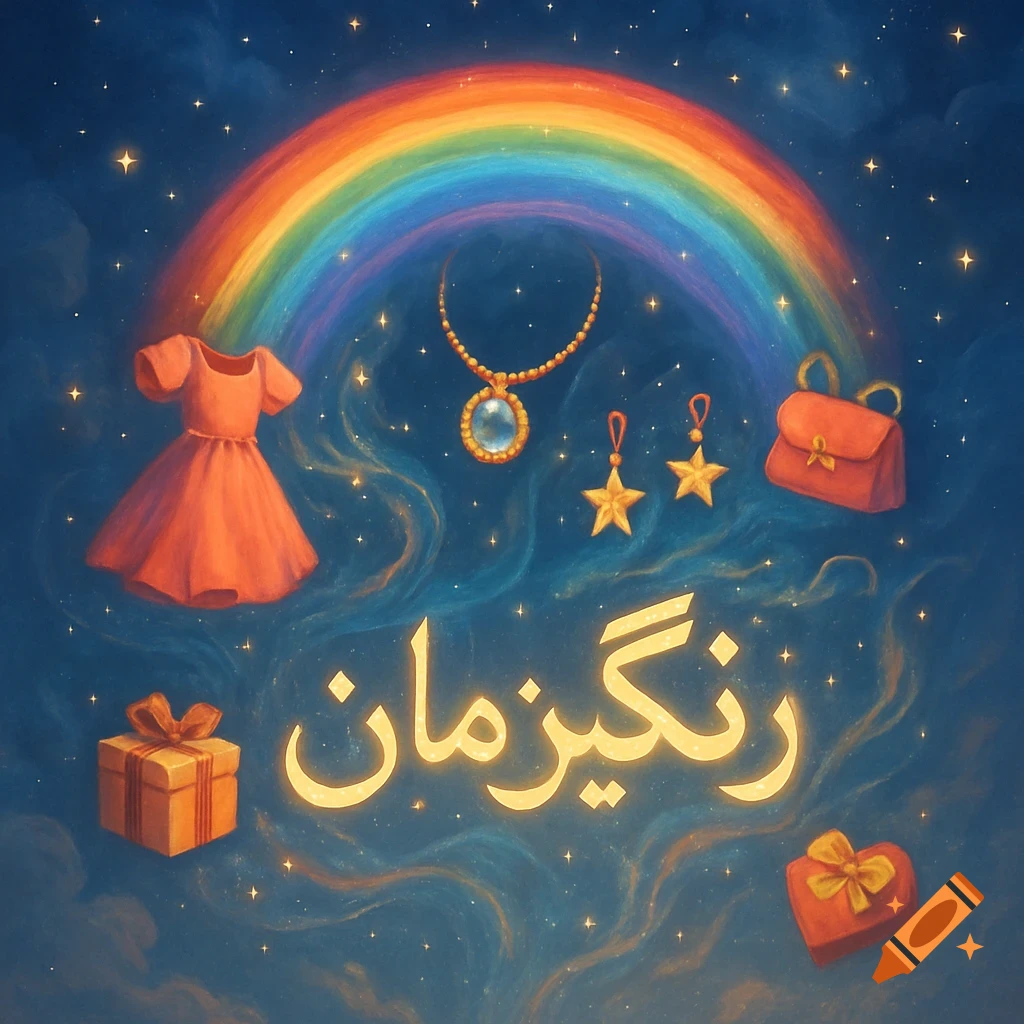A dreamy scene with a rainbow, stars, floating dress, jewelry, gifts, and glowing Persian text 'Rangin Kaman'.