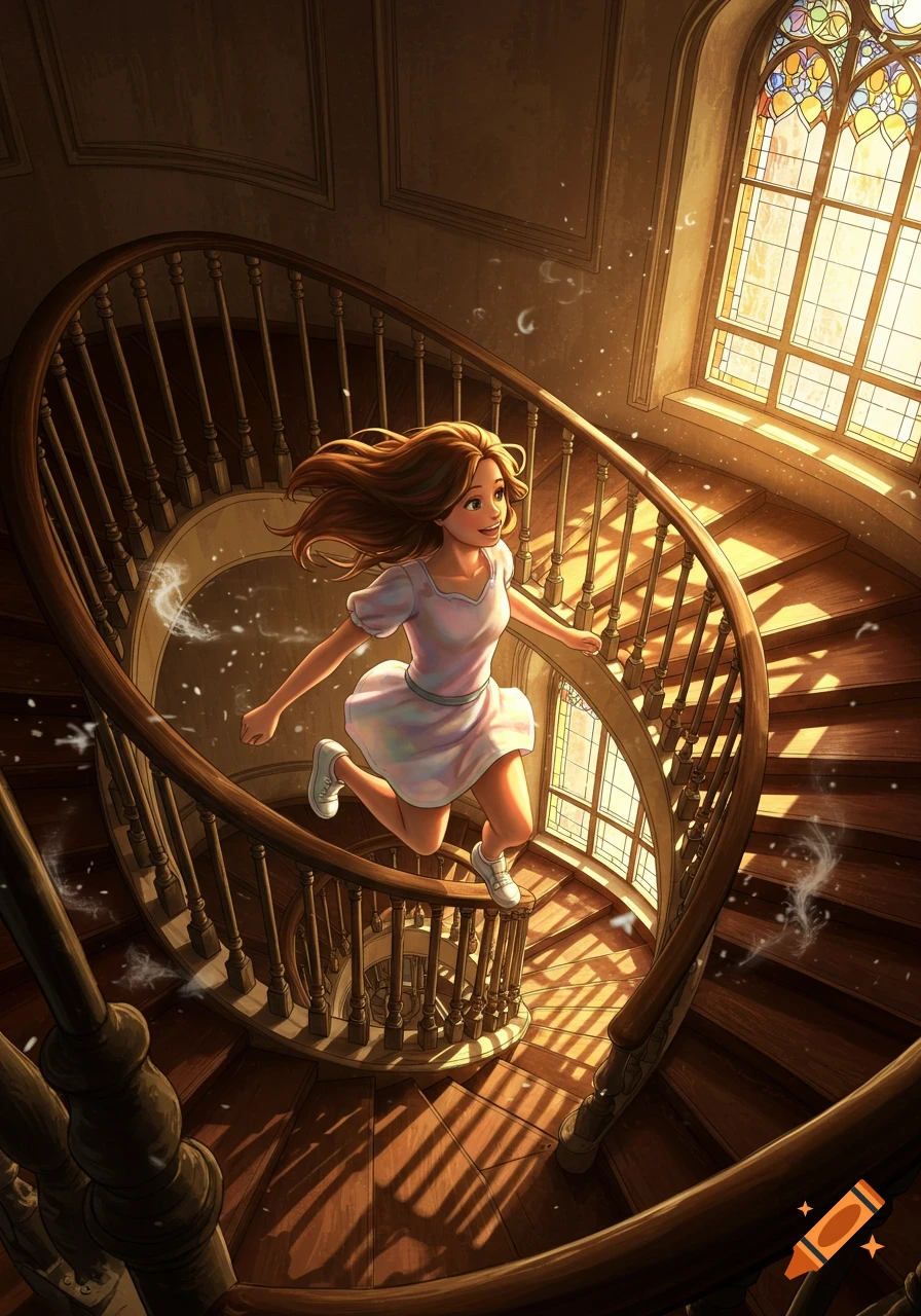 Illustration of a smiling girl with brown hair running down a sunlit spiral staircase with a stained glass window.
