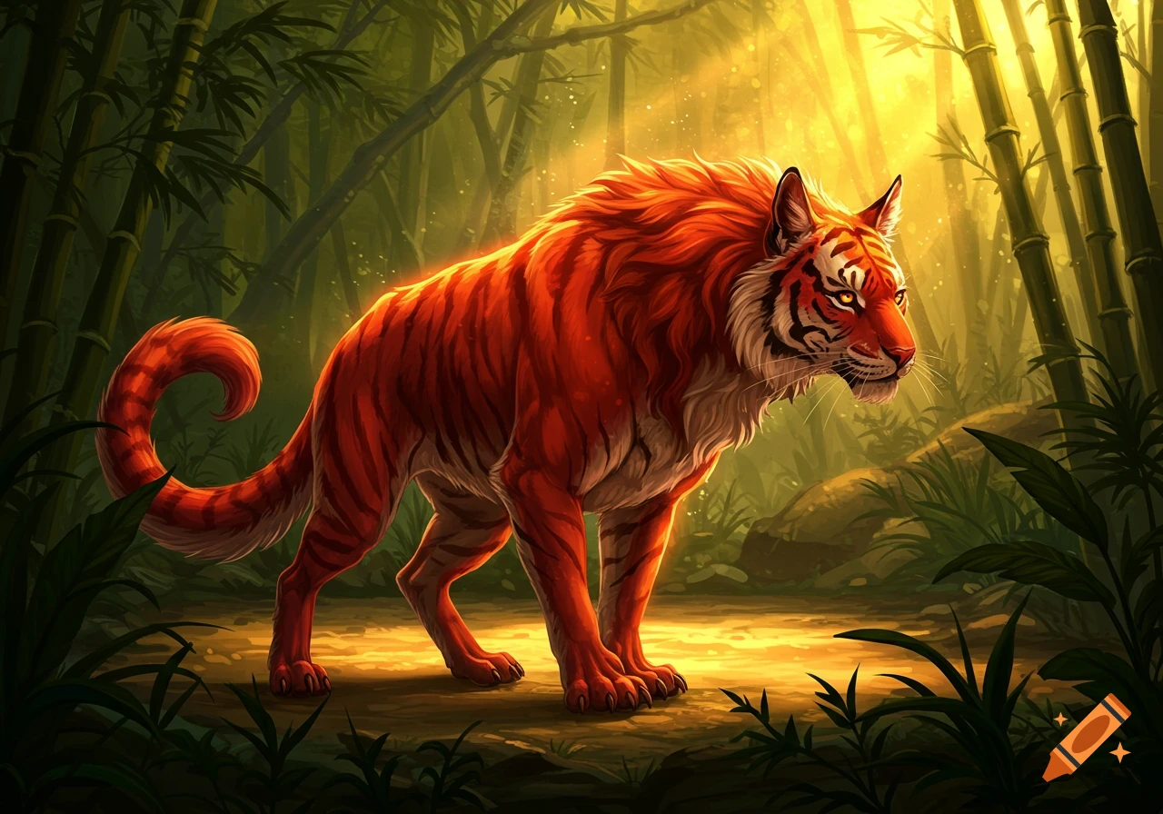 A vibrant red-orange tiger-like creature with glowing eyes stands in a sun-drenched bamboo jungle, rendered in a fantasy art style.