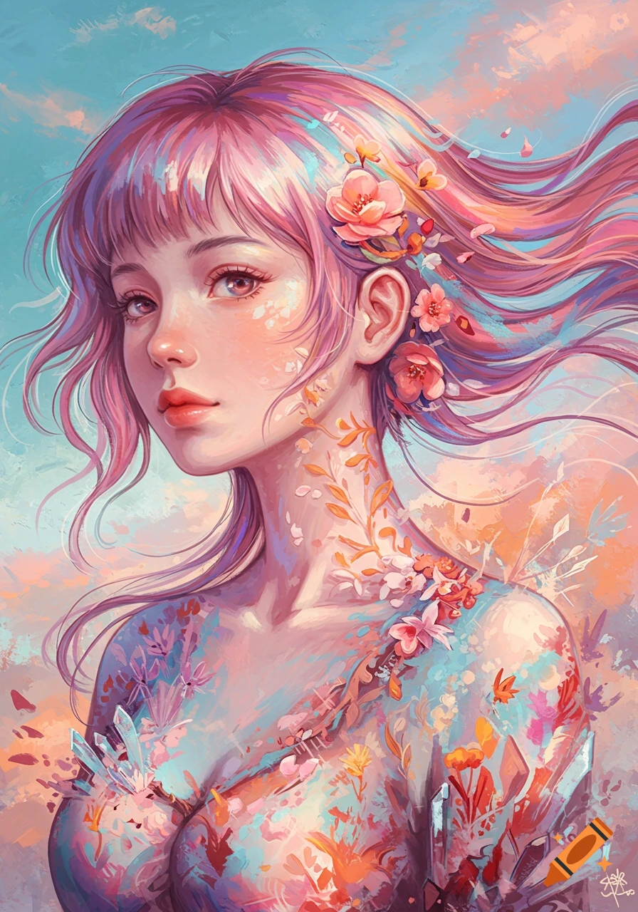 Surreal digital painting of a young woman with pink hair, abstract floral body art, and crystal accents.