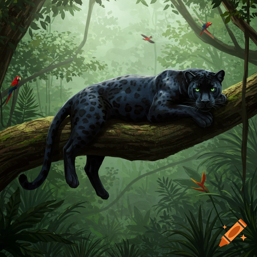 A black panther with bright green eyes lies on a thick tree branch in a misty, lush green jungle. Two small parrots fly nearby.