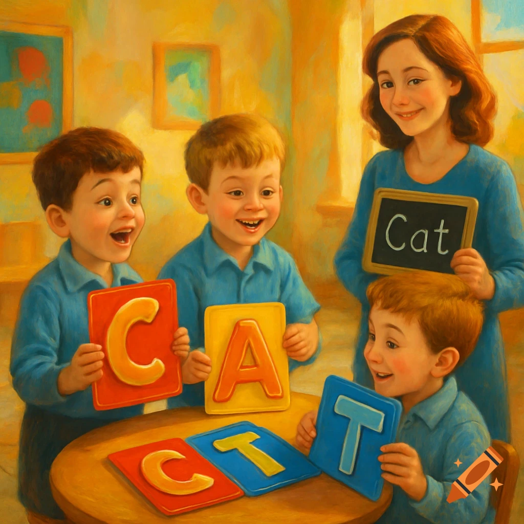 A painted illustration of a teacher and three young boys learning to spell 'Cat' with letter cards in a classroom.