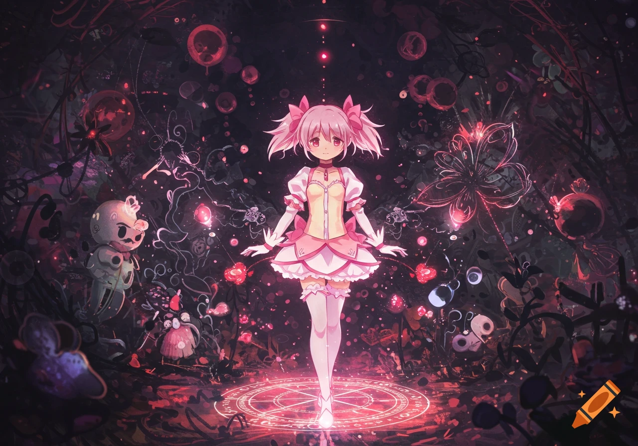 Pink-haired anime girl in a frilly pink dress stands on a glowing magical circle in a dark, fantastical, glowing forest.