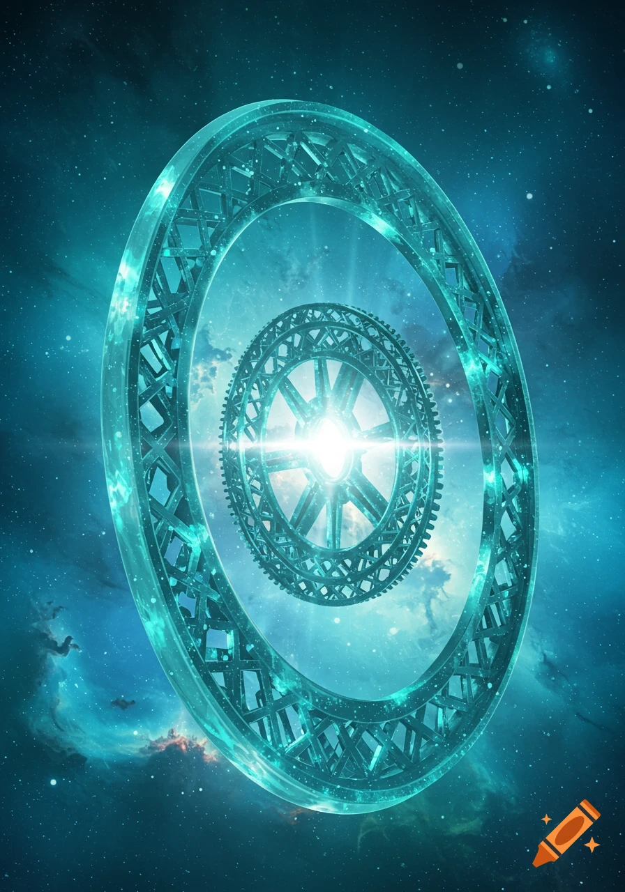 Two glowing, intricate teal rings, a wheel within a wheel, float in a starry blue-green nebula.