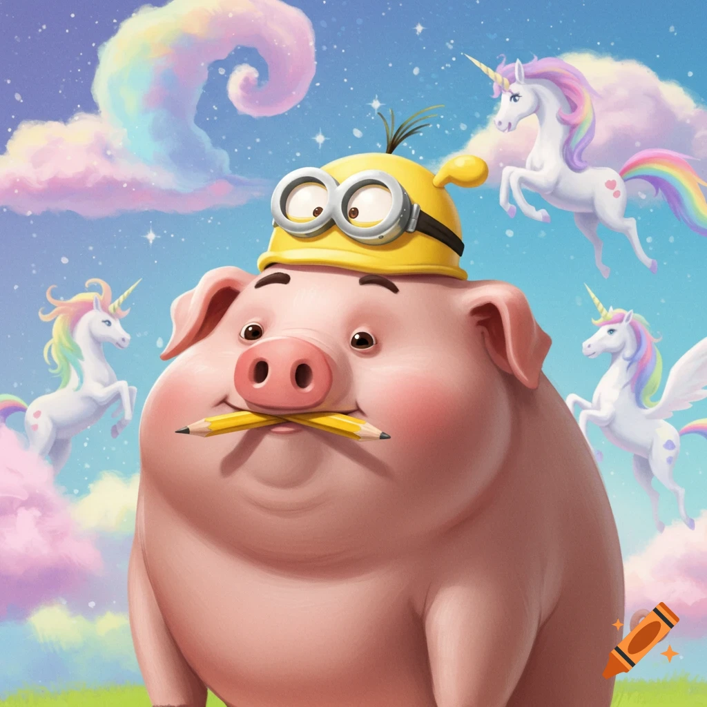 A cute cartoon pig wearing a yellow Minion hat holds two pencils in its mouth against a blue sky with rainbow clouds and unicorns.