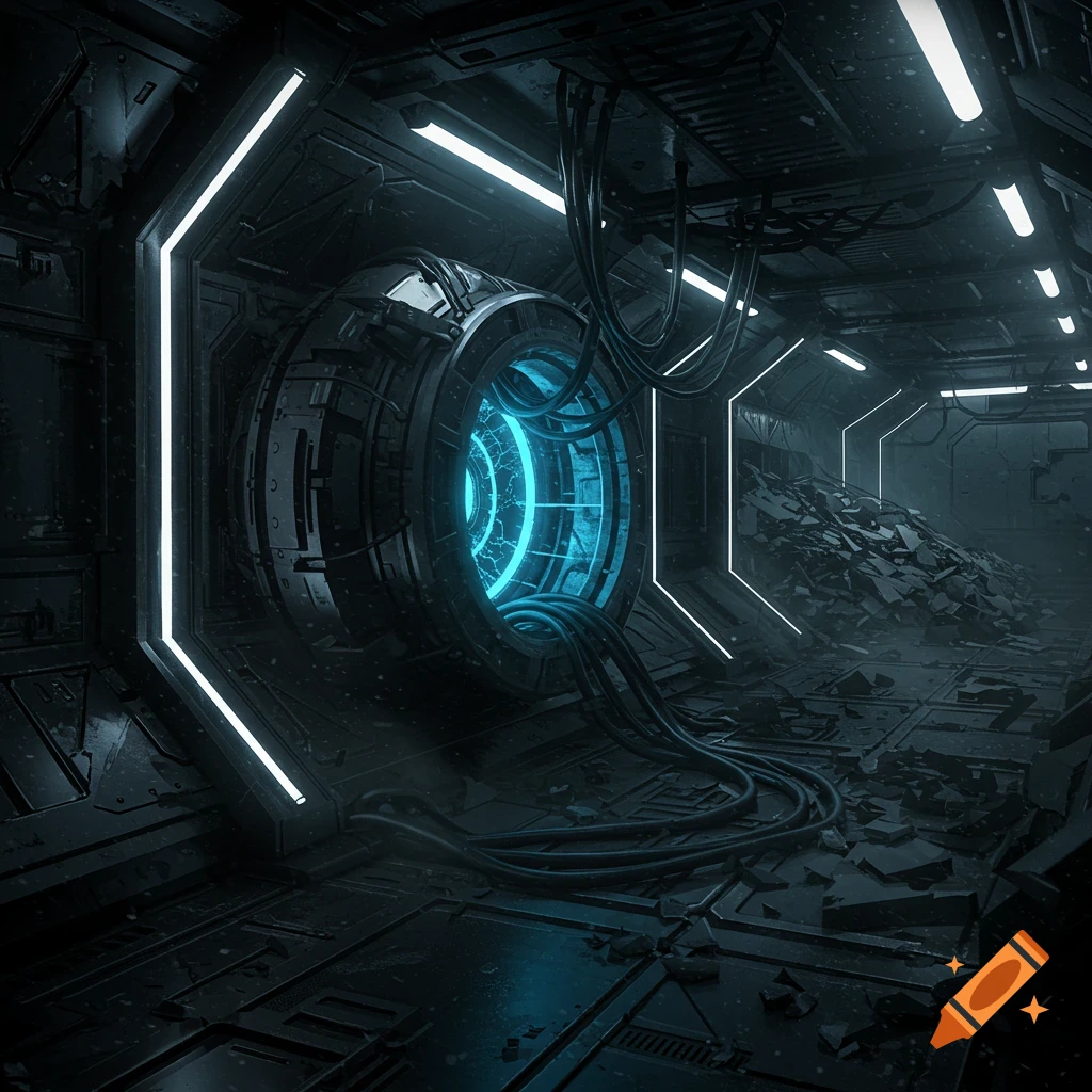A dark, futuristic space station corridor with a glowing blue half-cylindrical generator and a pile of rubble blocking the hall.
