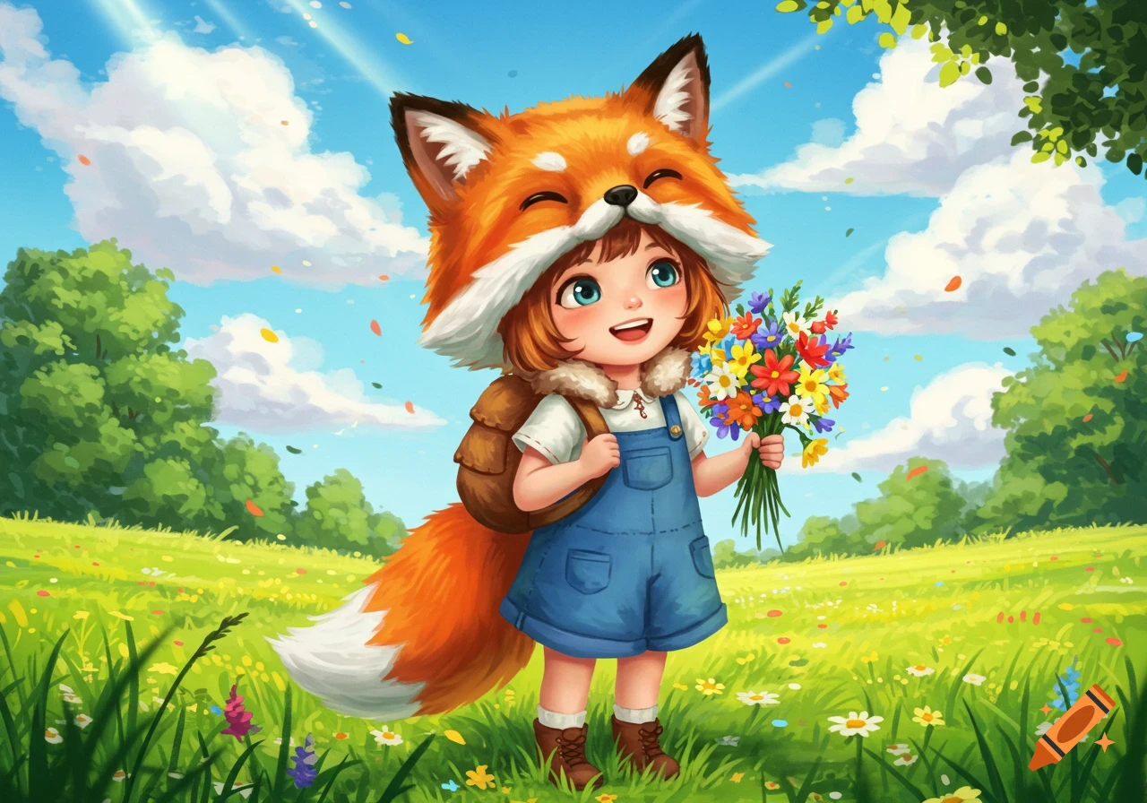A happy anime-style child in a fox hat and overalls holds a bouquet of wildflowers in a sunny green field.