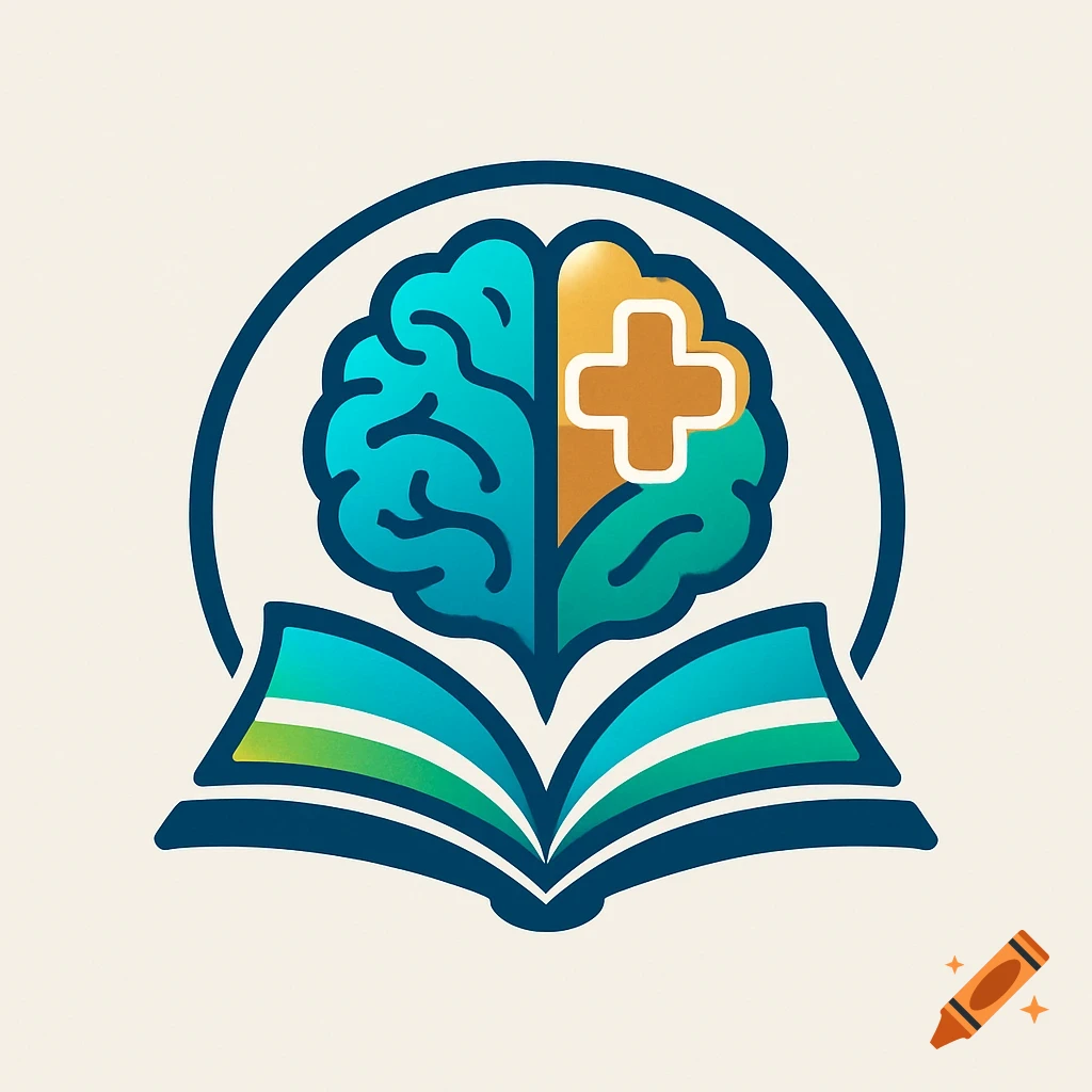 Stylized logo featuring a brain with a medical cross above an open book, symbolizing education and health.
