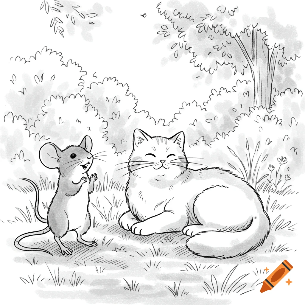 A black and white simple drawing of a happy mouse looking at a smiling cat resting in the grass.