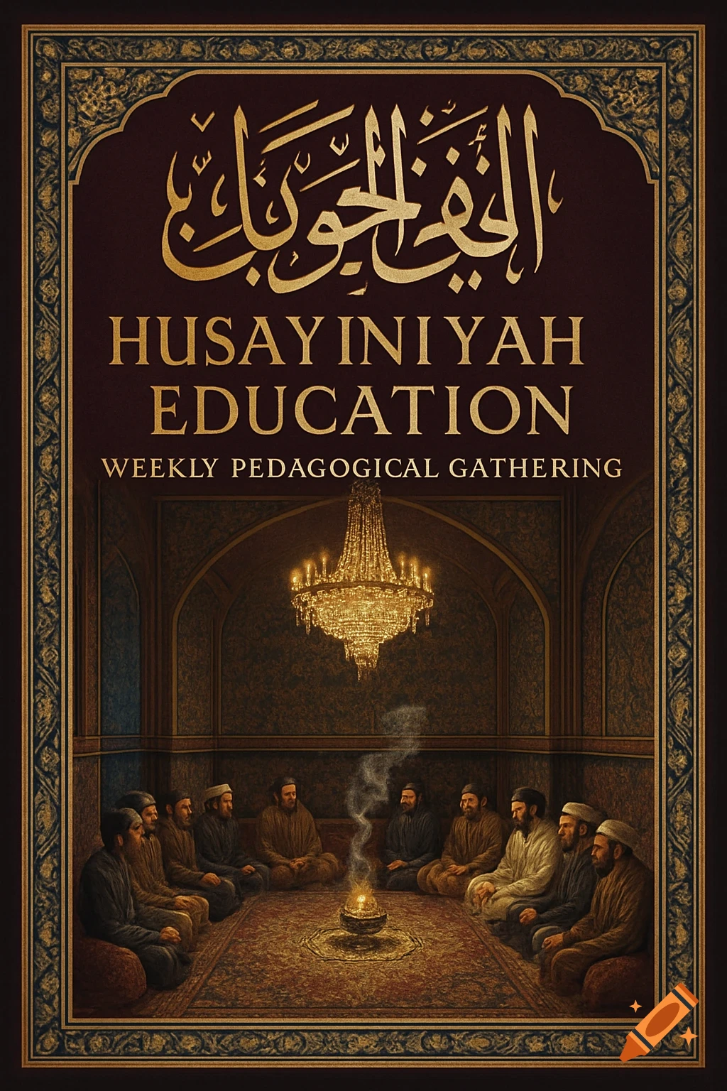 A poster with an ornate gold frame, featuring men in traditional robes seated in a circle on a rug in a grand, chandelier-lit room. Text reads "HUSAYINIYAH EDUCATION".