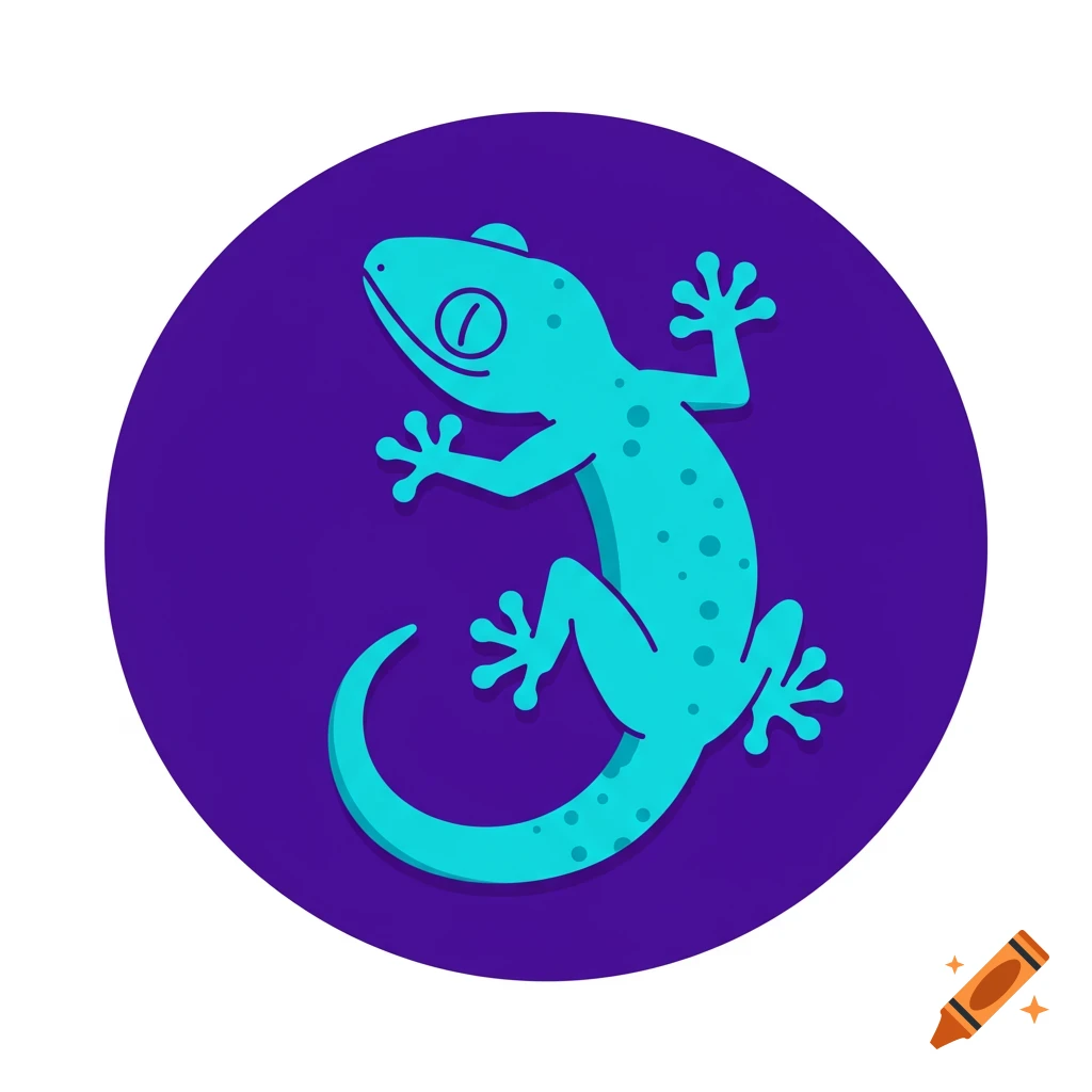 A stylized turquoise gecko with spots on a vibrant violet circular background, set against a white backdrop.