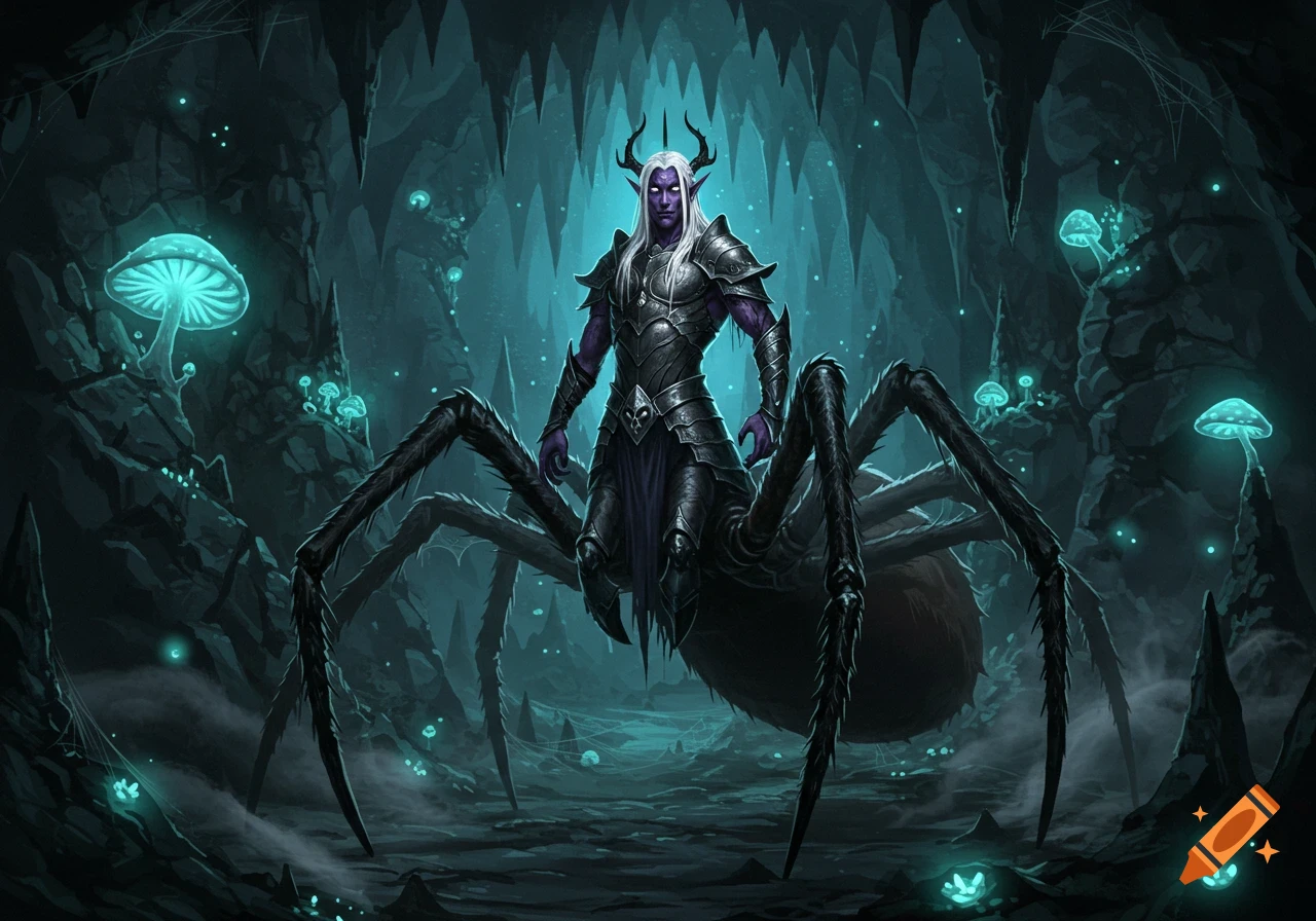A purple-skinned, white-haired drider in dark armor stands in a glowing mushroom cave, dark fantasy art.