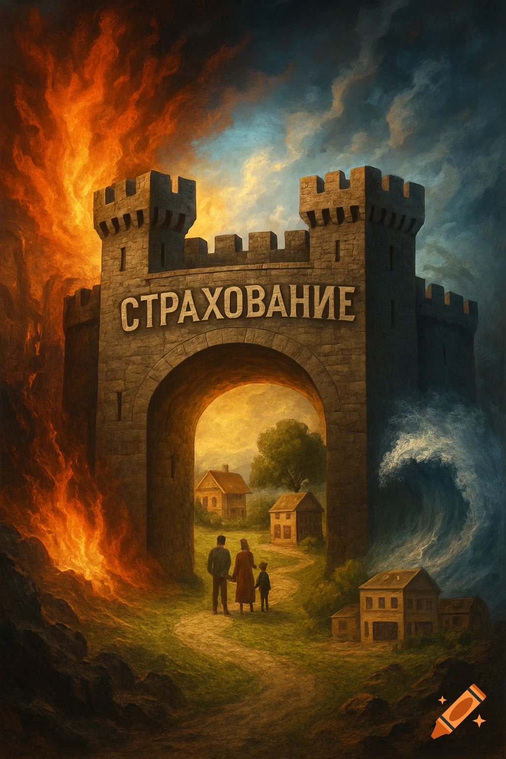 A dramatic painterly image of a family entering a castle with 'СТРАХОВАНИЕ' on its wall, surrounded by fire and waves.