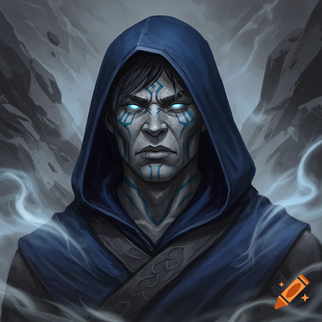 A digital art portrait of a mysterious hooded man with glowing blue eyes and blue tribal facial markings, against a misty, rocky background.