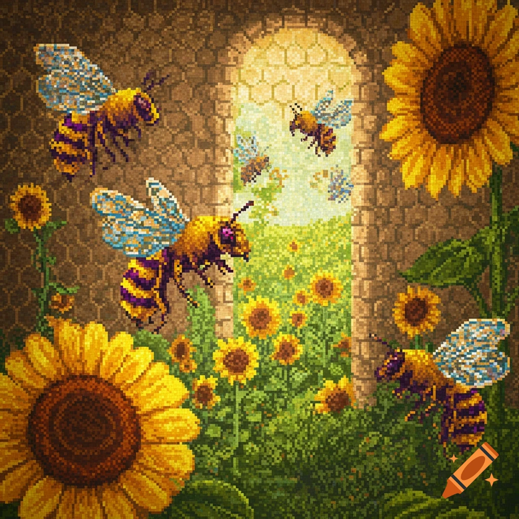 Pixel art scene of several bees flying among sunflowers, with a stone archway leading to a sunlit field.
