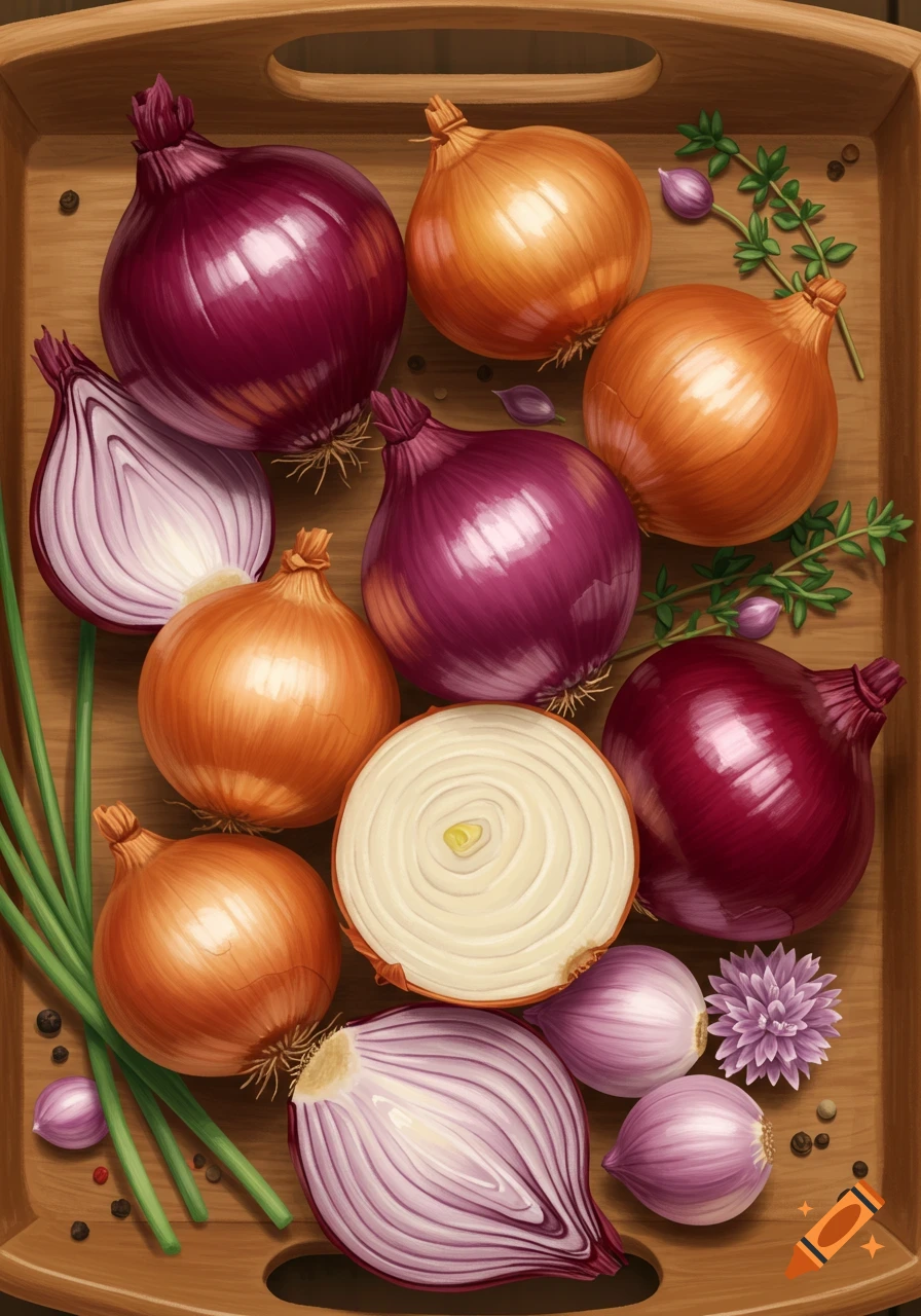 Overhead view of various whole and sliced red, yellow, and white onions, chives, and herbs on a wooden serving tray.