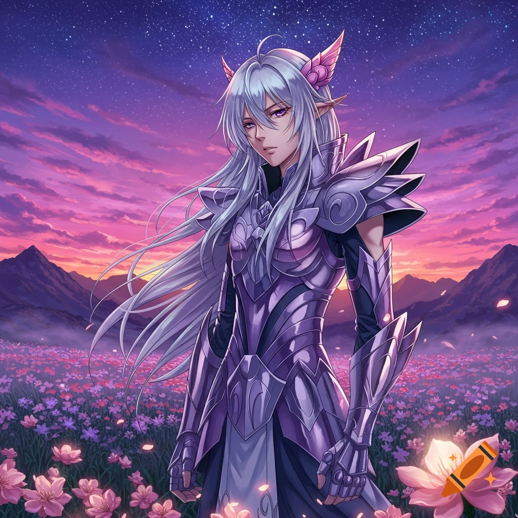 Anime character with long white hair, elf ears, and purple armor stands in a field of pink flowers under a vibrant sunset sky.