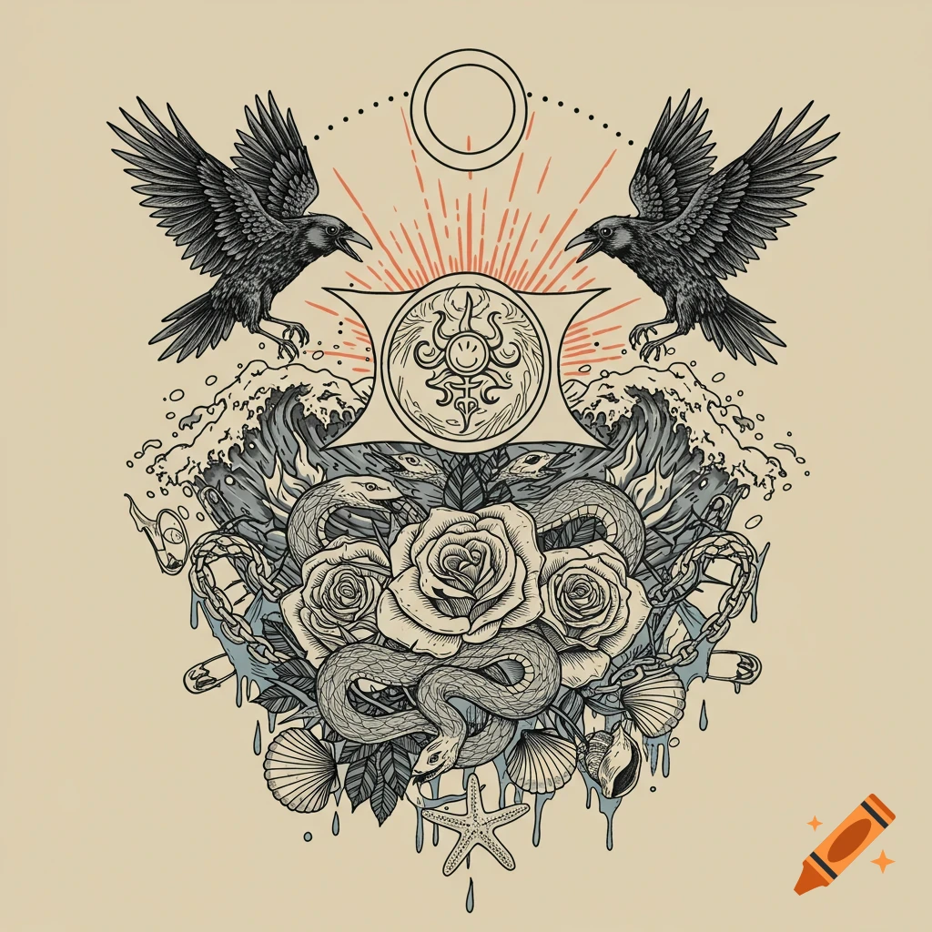 Gothic illustration with two crows, a central emblem, waves, roses, snakes, and seashells in a vintage screenprint style.