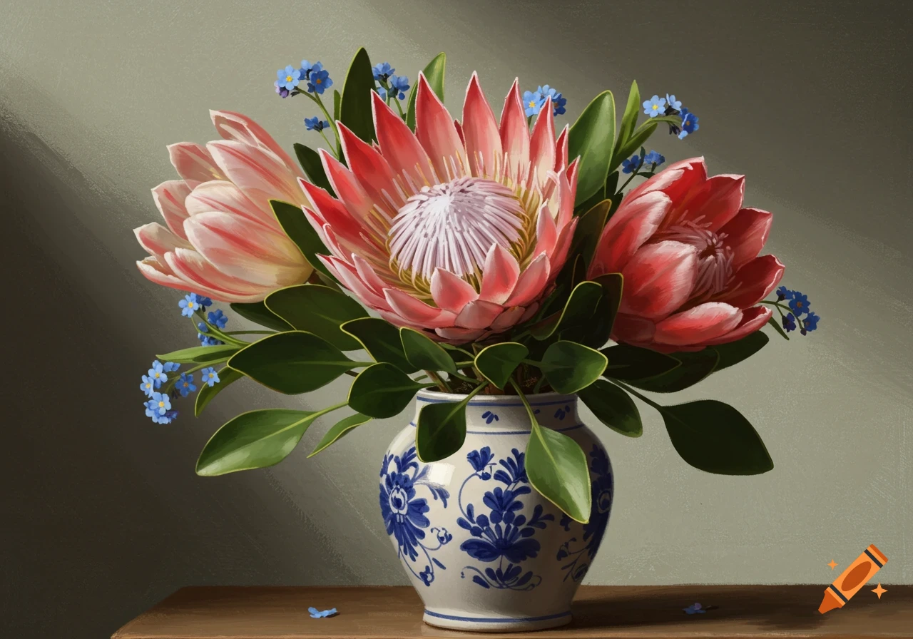 Still life painting of pink protea flowers and blue forget-me-nots in a white and blue Dutch-style vase on a wooden table.