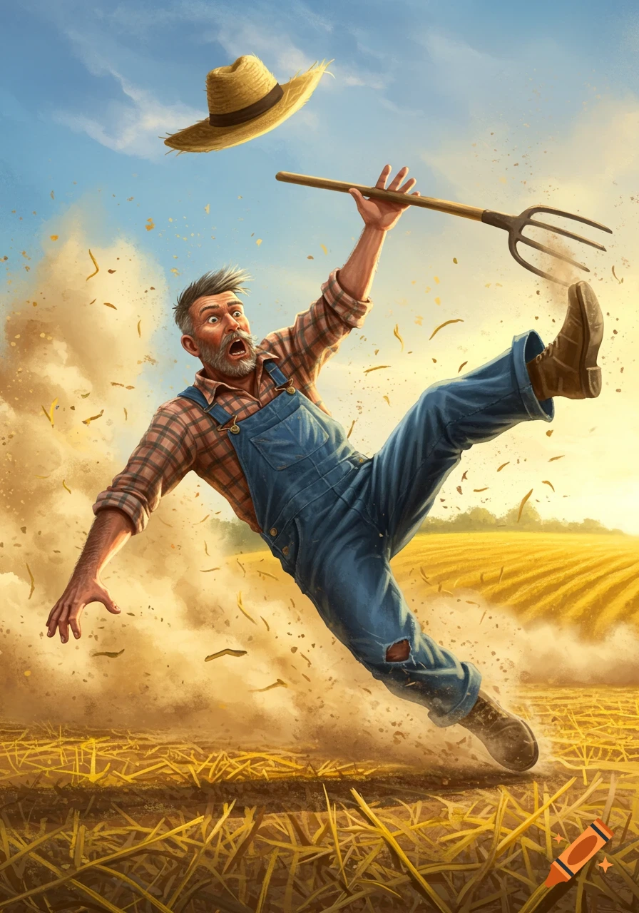 A surprised farmer in overalls and plaid shirt dramatically falls backward in a field, dropping a pitchfork, his straw hat flying off.
