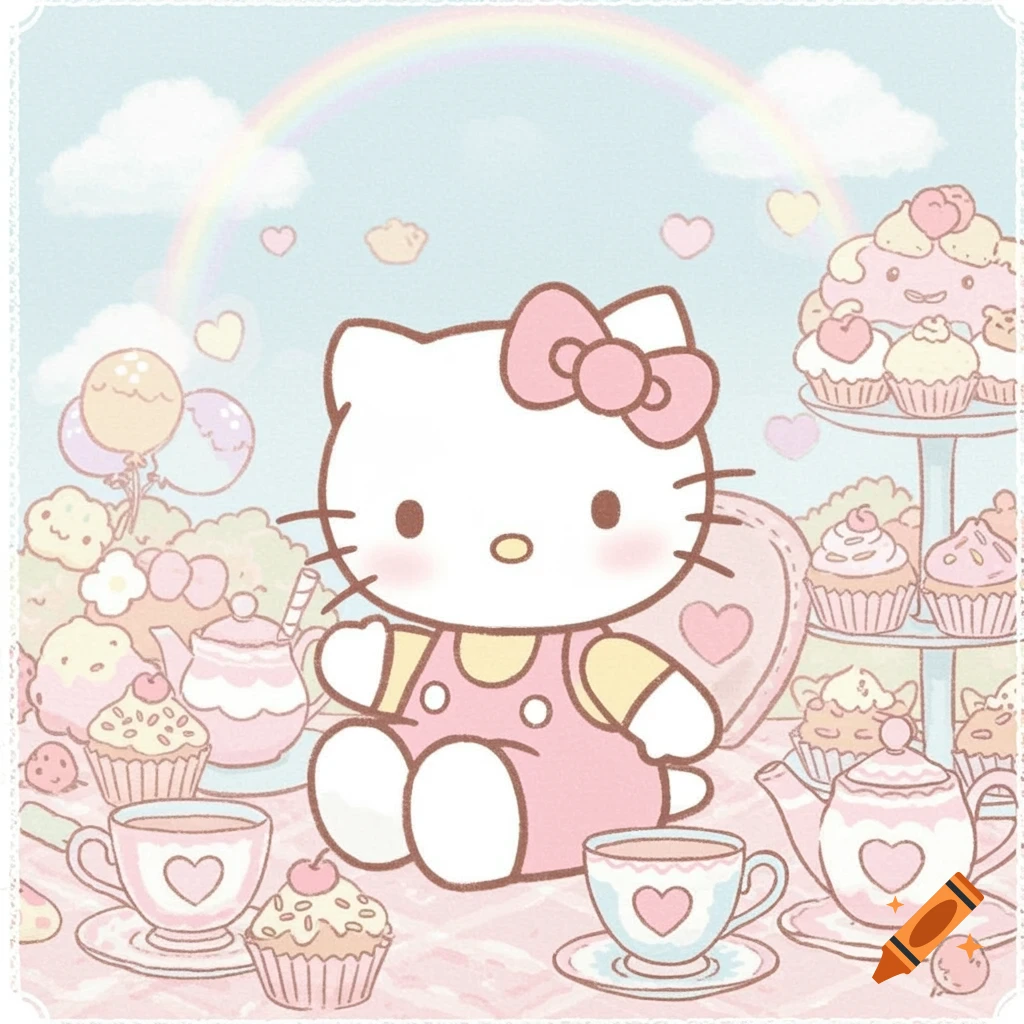 Hello Kitty sits at a pastel tea party with cupcakes, teacups, and a rainbow under a blue sky, in a cute cartoon style.