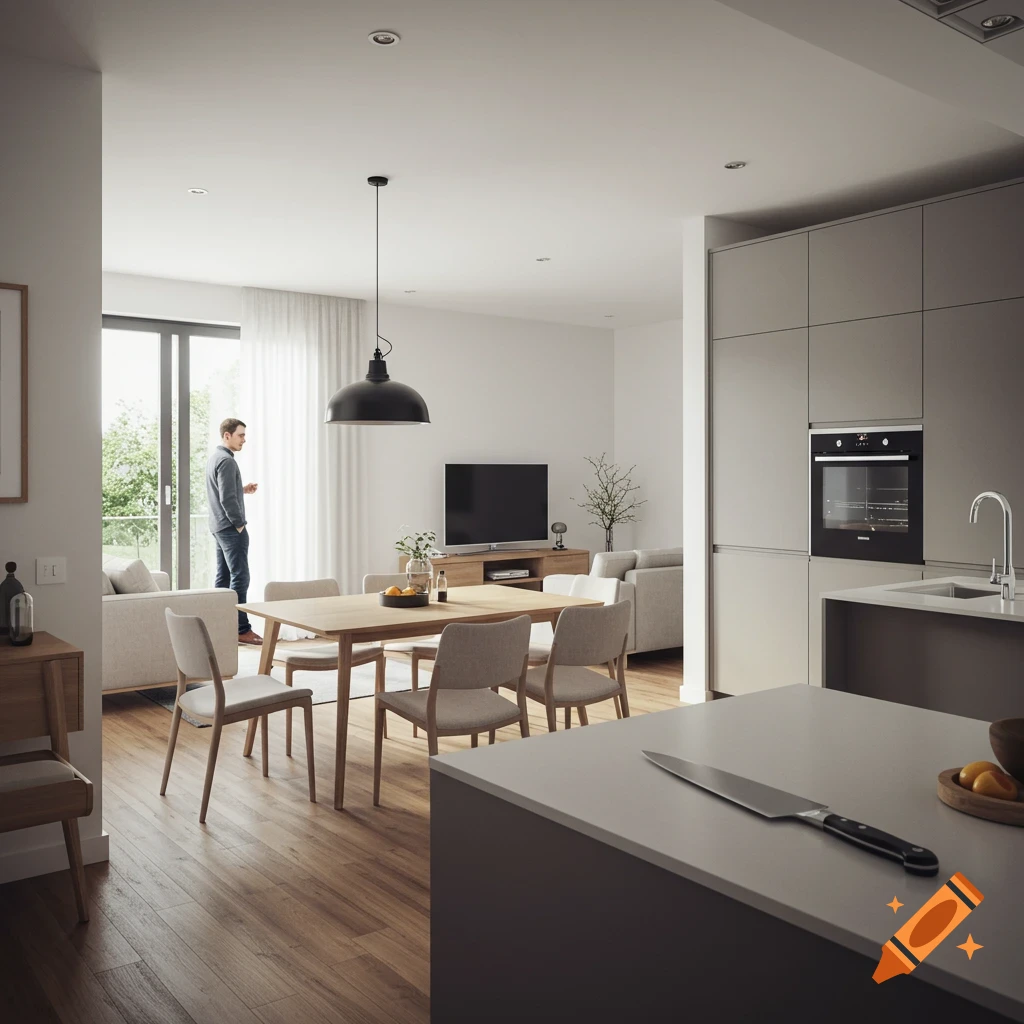 A modern, open-plan living room, dining room, and kitchen with a man standing by a large window. A large kitchen knife lies on the counter in the foreground.