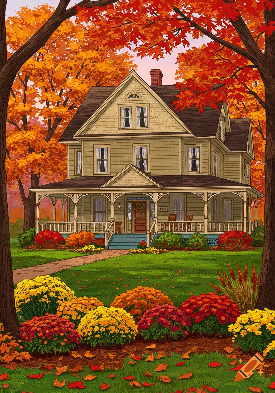 Illustrated quaint two-story house with a wrap-around porch surrounded by vibrant fall foliage, flowers, and a green lawn.