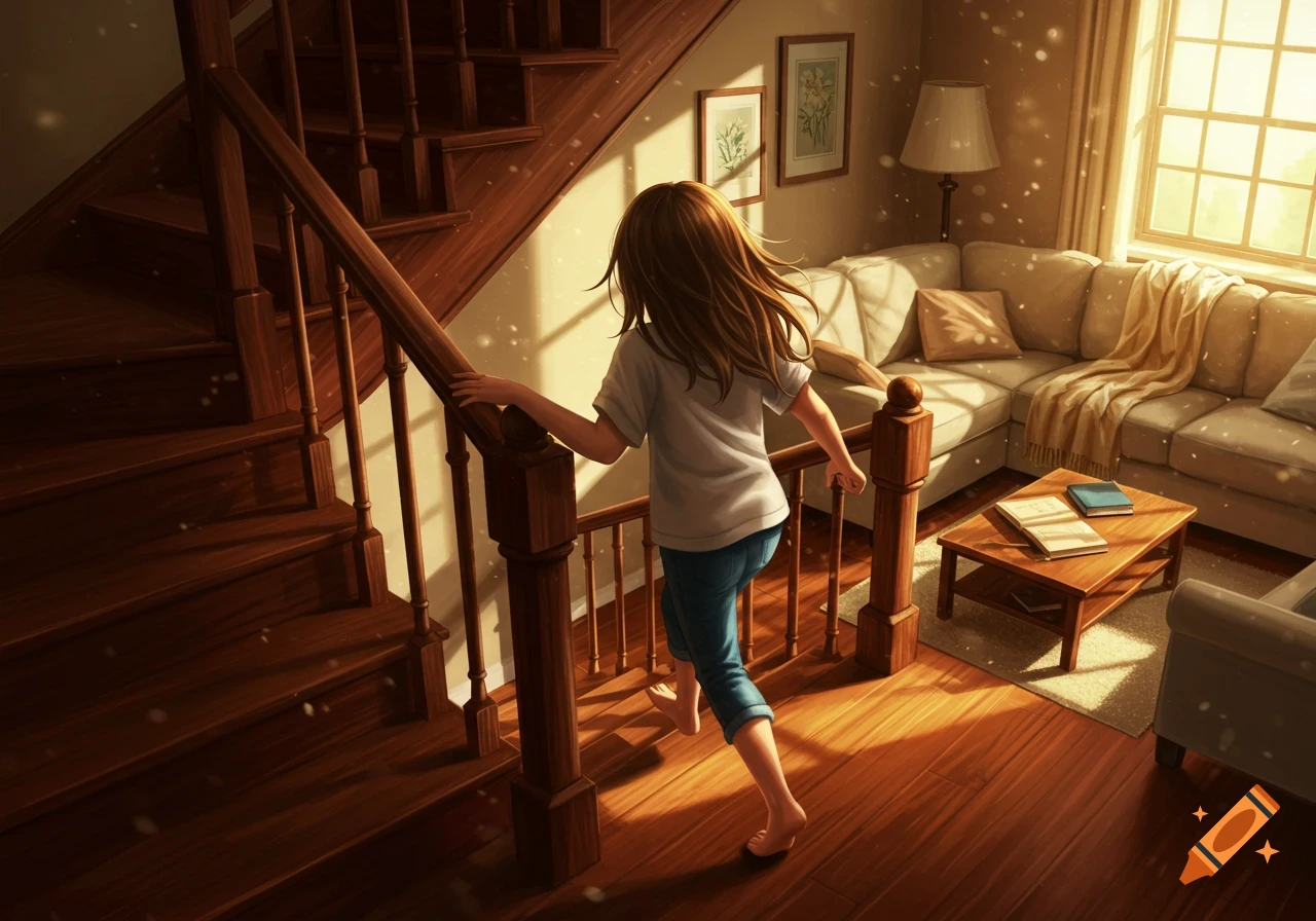 A brown-haired girl in a white shirt and blue pants runs barefoot down wooden stairs in a sunlit house.