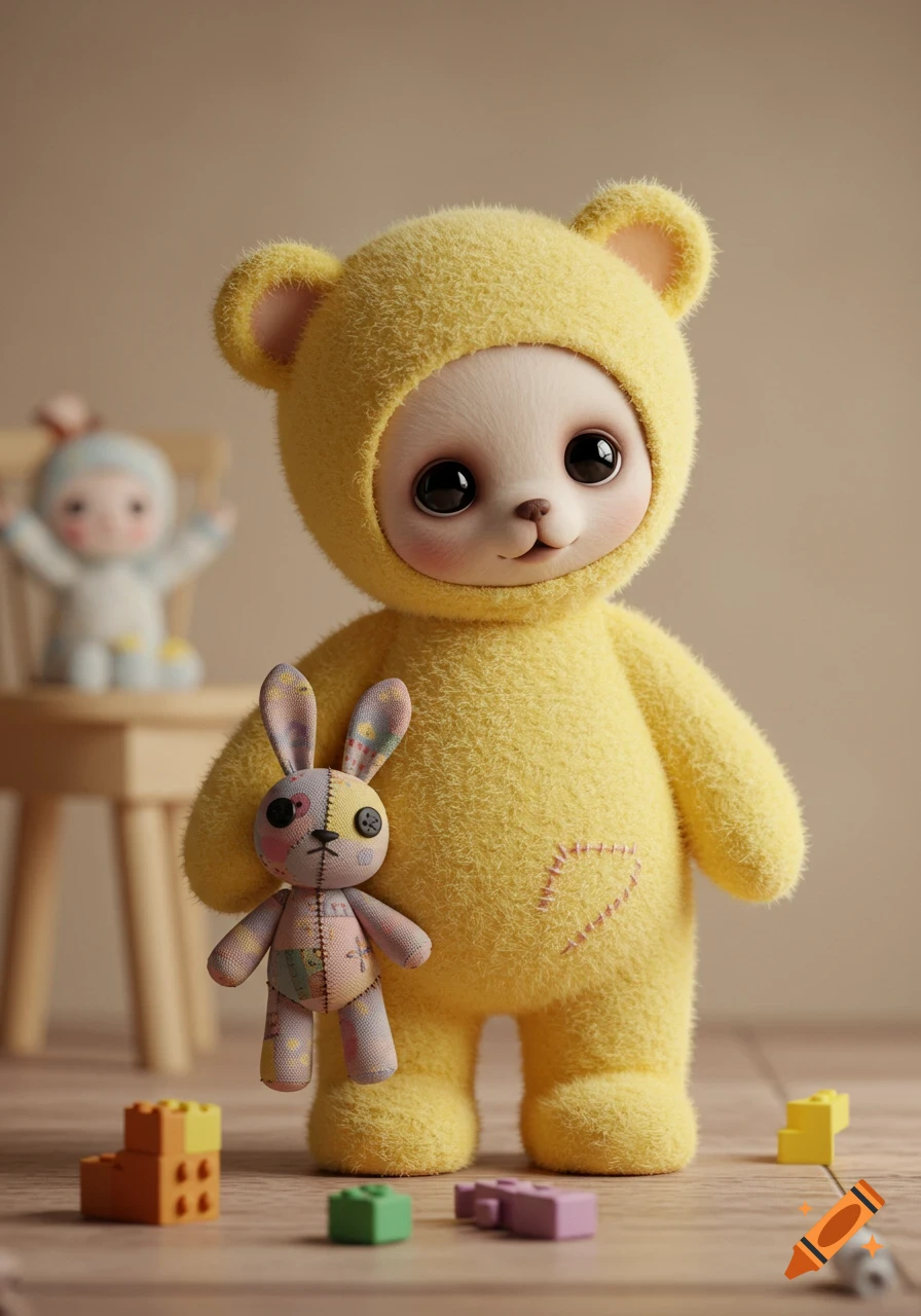 A cute plush toy in a yellow bear costume holds a patchwork bunny doll, standing on a wooden floor with colorful blocks.