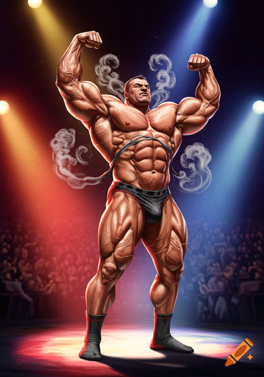 A highly muscular bodybuilder flexes on stage under colorful spotlights, with smoke rising from his body and a crowd in the background, in a comic-book art style.