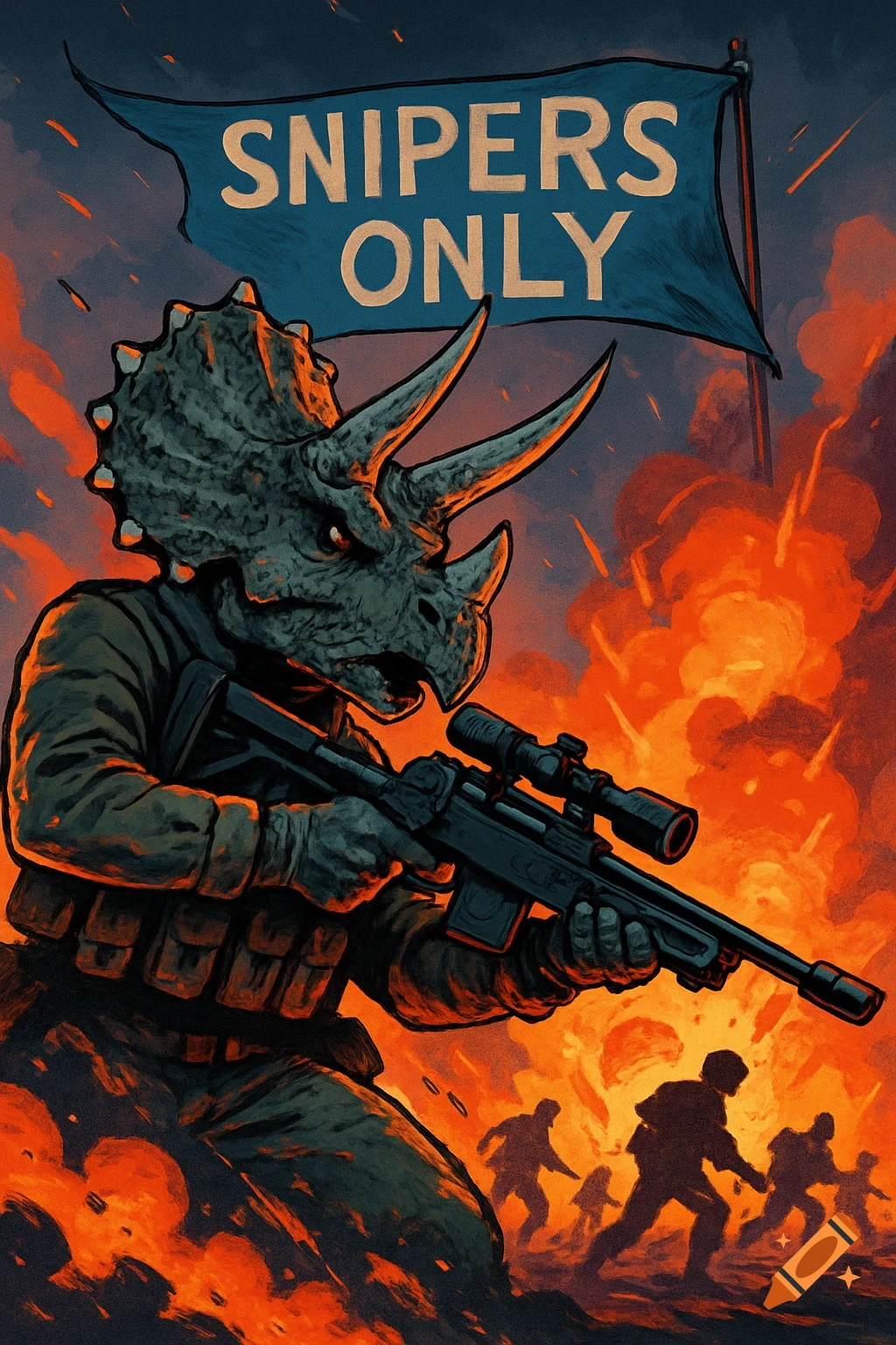A stylized triceratops-headed soldier with a sniper rifle amidst explosions and running soldiers under a 'SNIPERS ONLY' flag.
