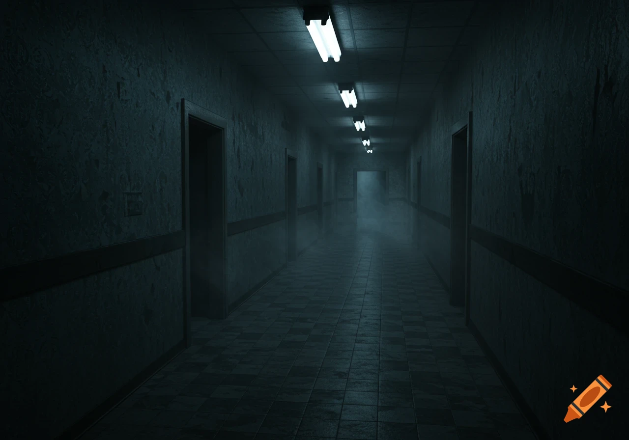 A dark, eerie, foggy hallway with dim fluorescent lights and a tiled floor, evoking a liminal space.