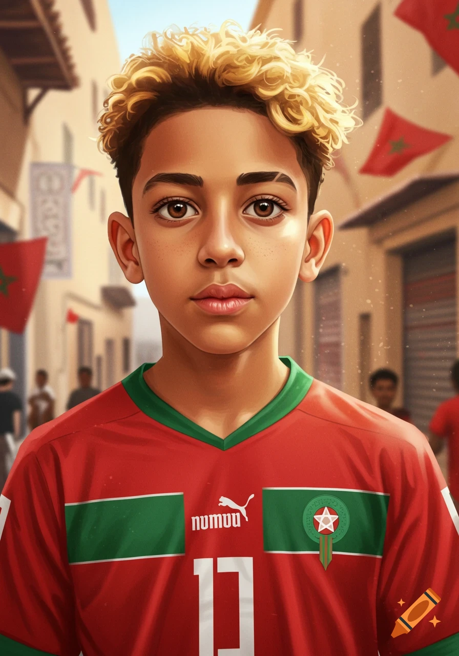 A young boy with blond curly hair and brown eyes, wearing a red and green Moroccan football jersey, stands in a narrow street with buildings and flags in an illustrative style.