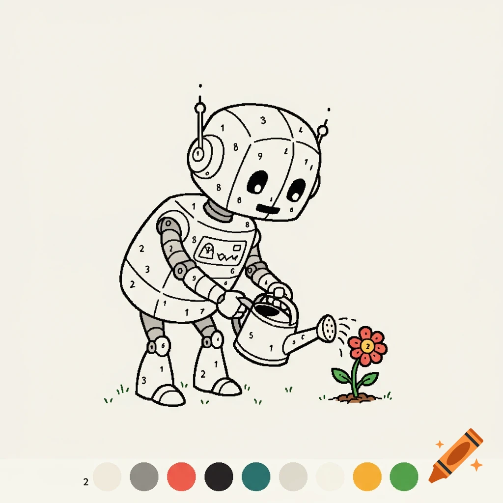 A cute robot watering a red and yellow flower, depicted as a color-by-number illustration with numbers in each section.