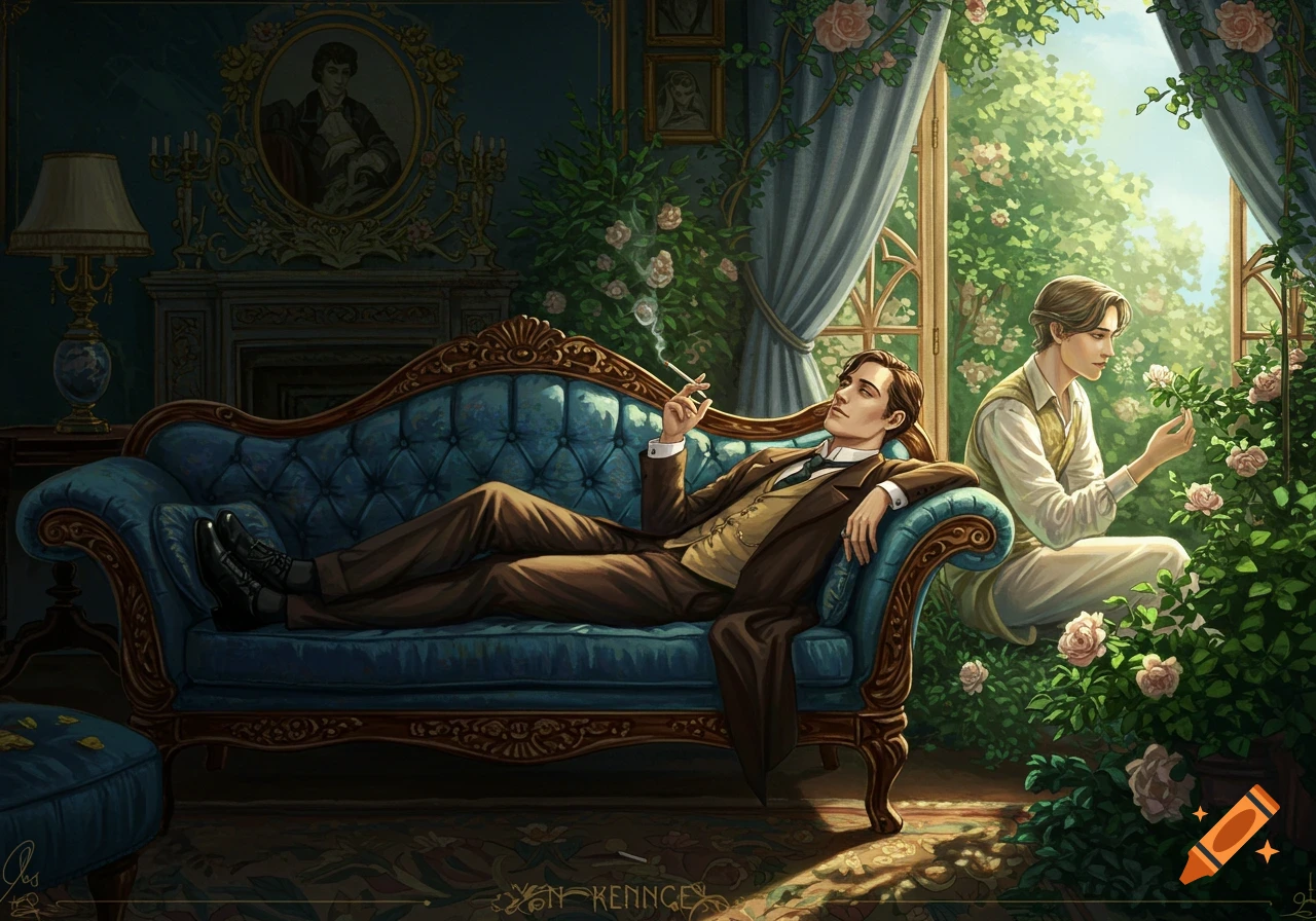 A detailed illustration of a man smoking on a blue sofa while another man tends to roses by a window in a Victorian room.