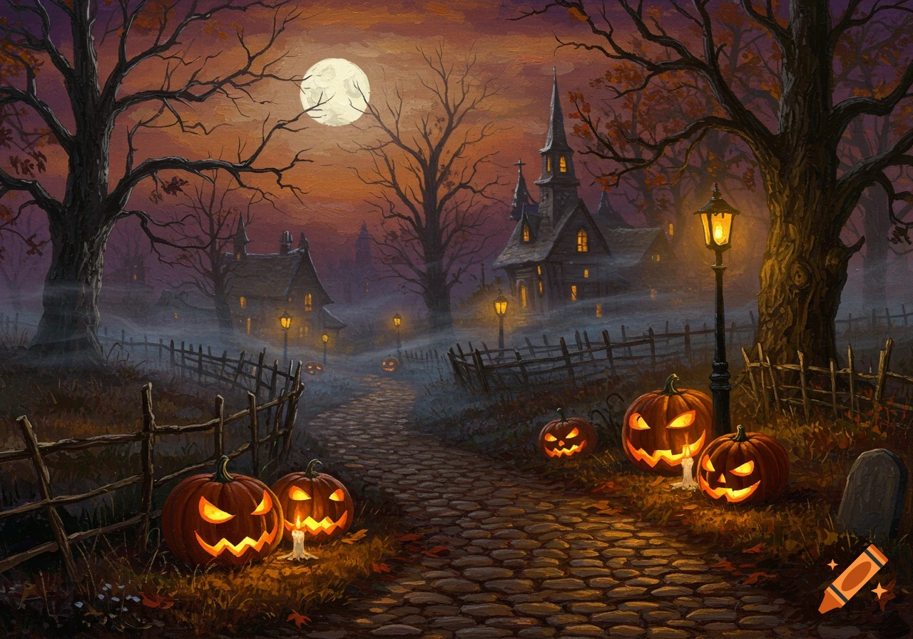 A dark Halloween oil painting of a cobblestone path lined with glowing jack-o'-lanterns leading to a haunted house under a full moon.