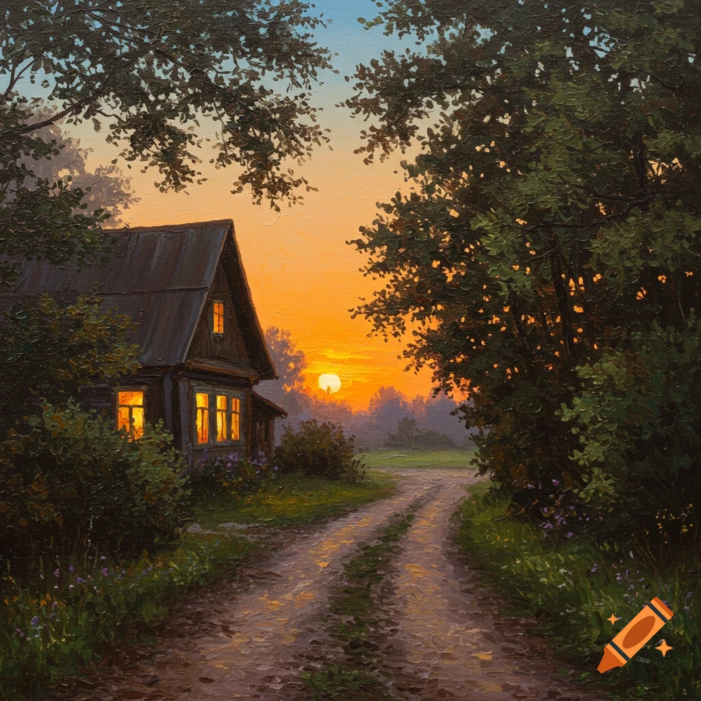 Oil painting of a rustic house with glowing windows next to a gravel path at sunset, surrounded by trees and bushes.
