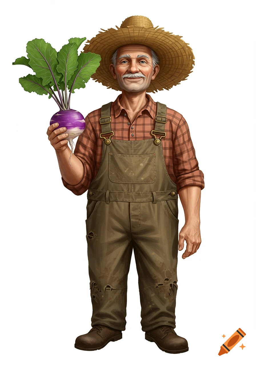 An old farmer in a straw hat and overalls smiles while holding a large purple turnip, rendered illustratively on a white background.