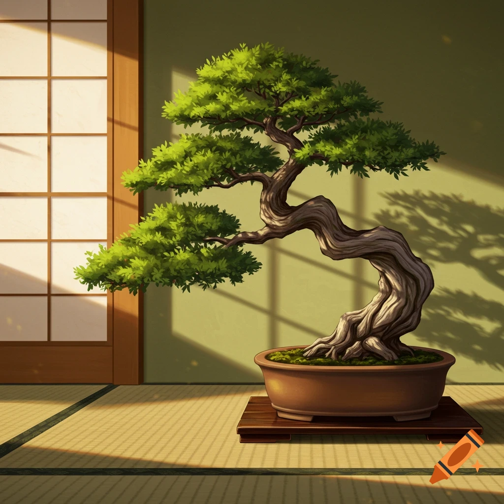 Stylized illustration of a bonsai tree in a pot, illuminated by sunlight through a shoji screen in a Japanese room.